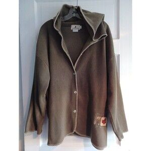 Attraction leaf applique fleece jacket womens XL hood buttons fall winter cozy